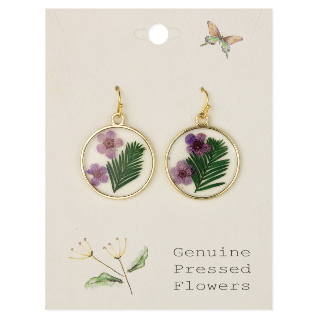 Purple Posey Round Gold Dried Flower Earrings