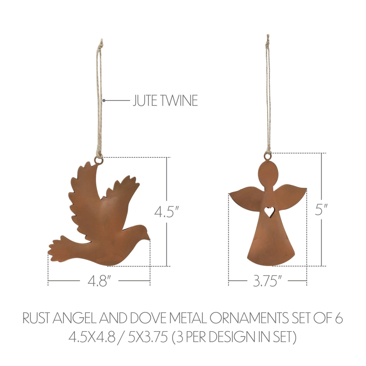 Rust Angel and Dove Metal Ornaments 4.5/5"
