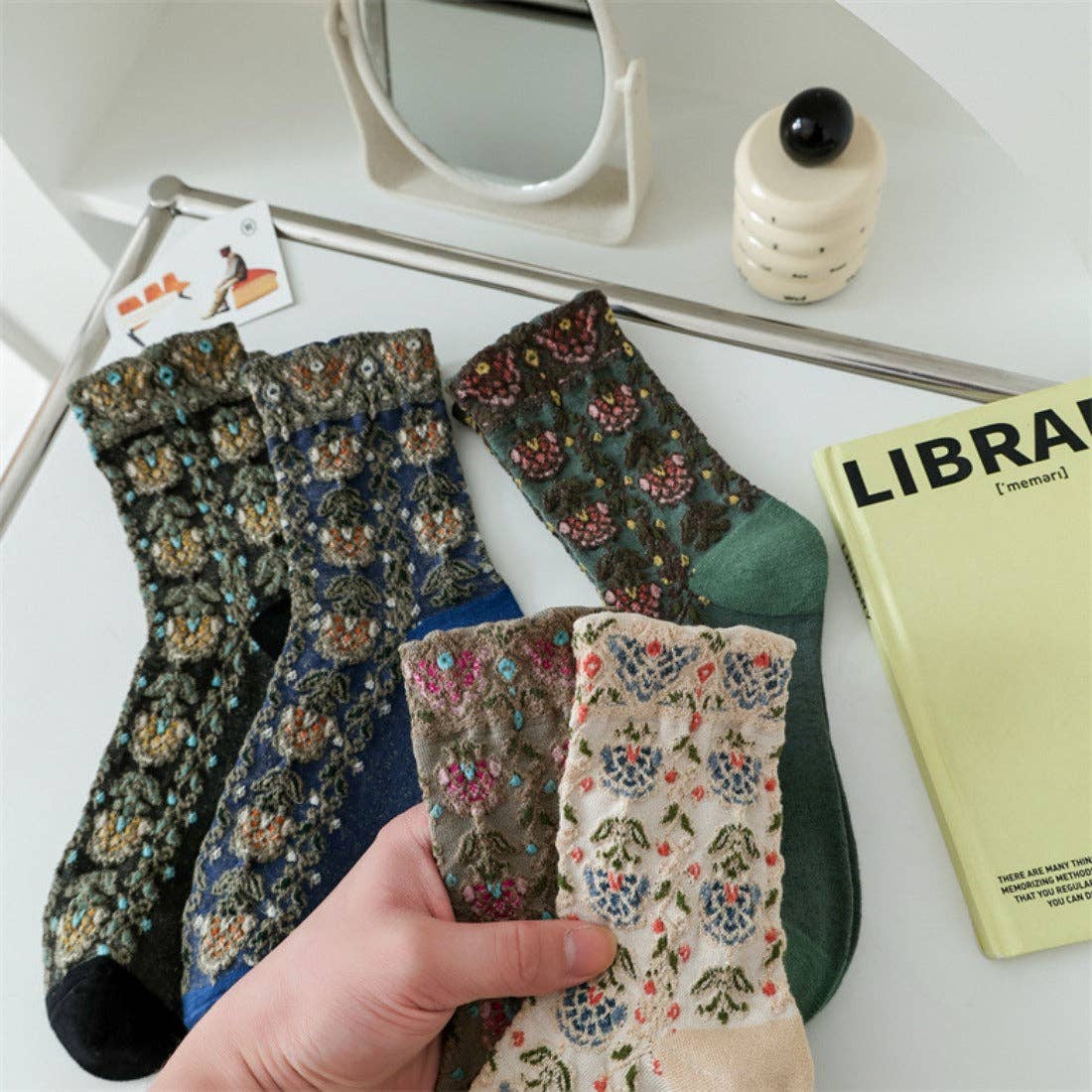 Rufia - Embossed Vintage Floral Mid-Calf Socks