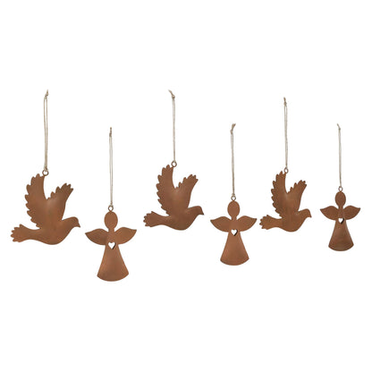 Rust Angel and Dove Metal Ornaments 4.5/5"