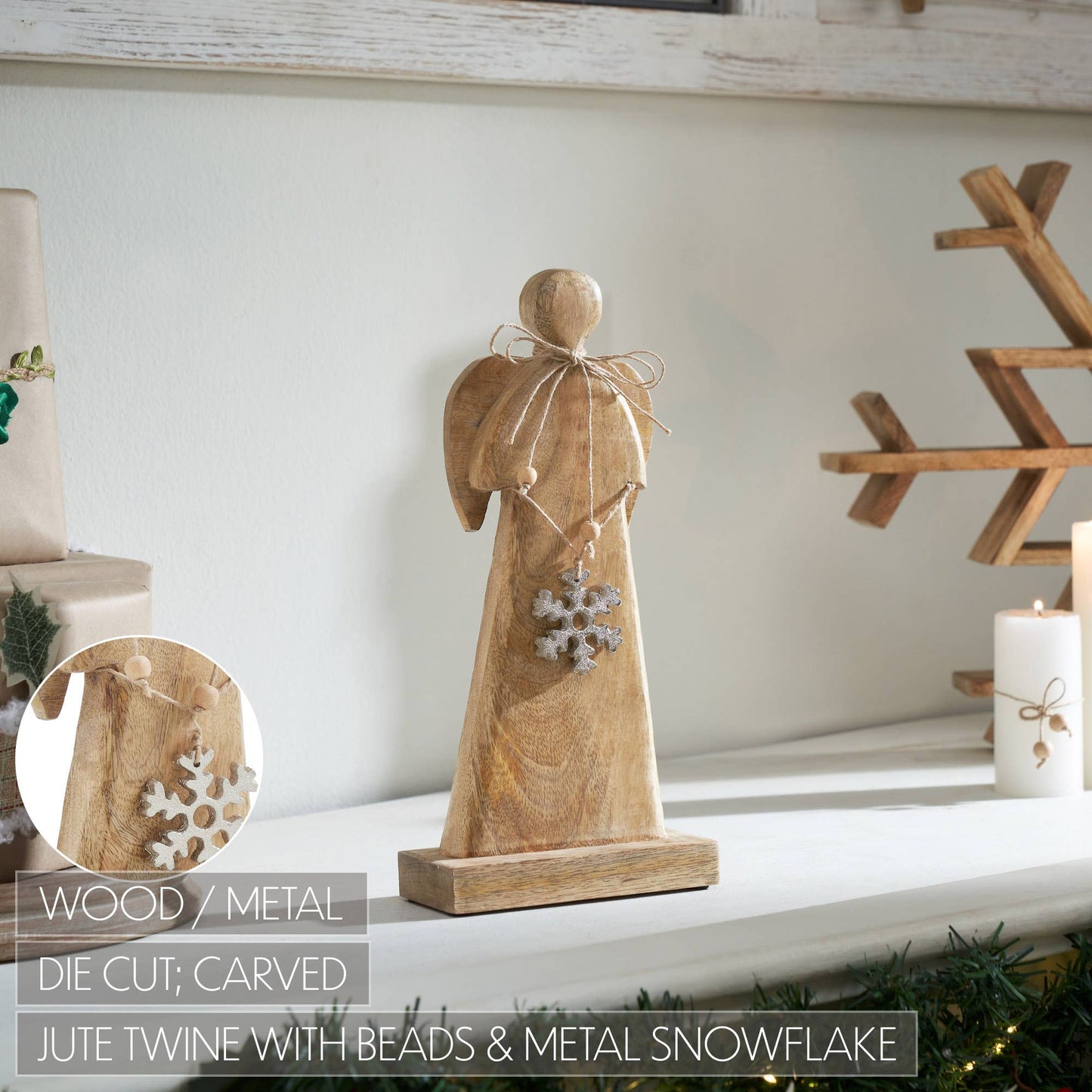 Natural Wooden Snowflake Angel 12x5.75x2.5