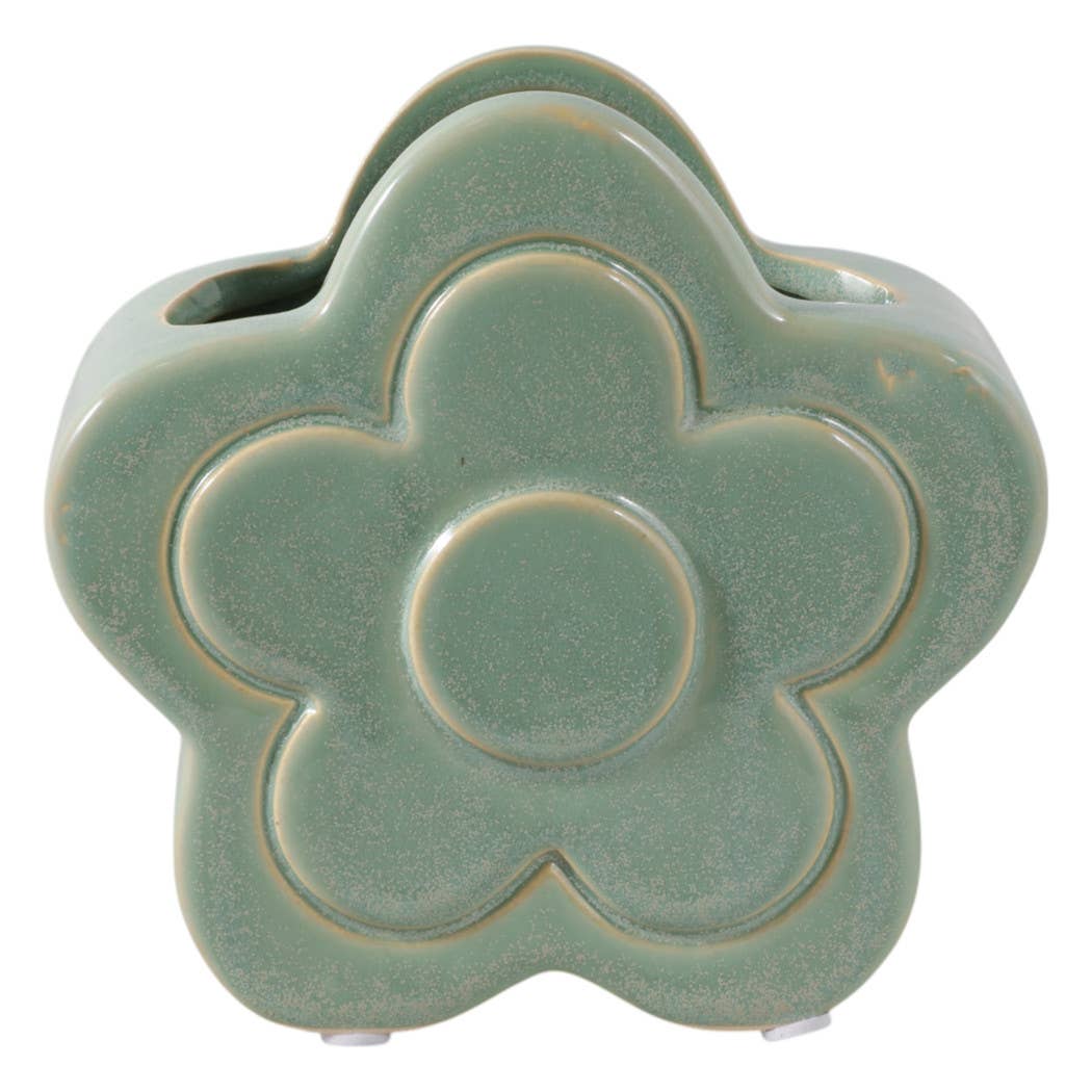 Green Ceramic Sculpted Flower Pencil Cup 6"