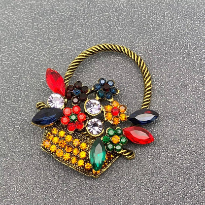 Vintage Colored Rhinestone Flower Basket Brooch