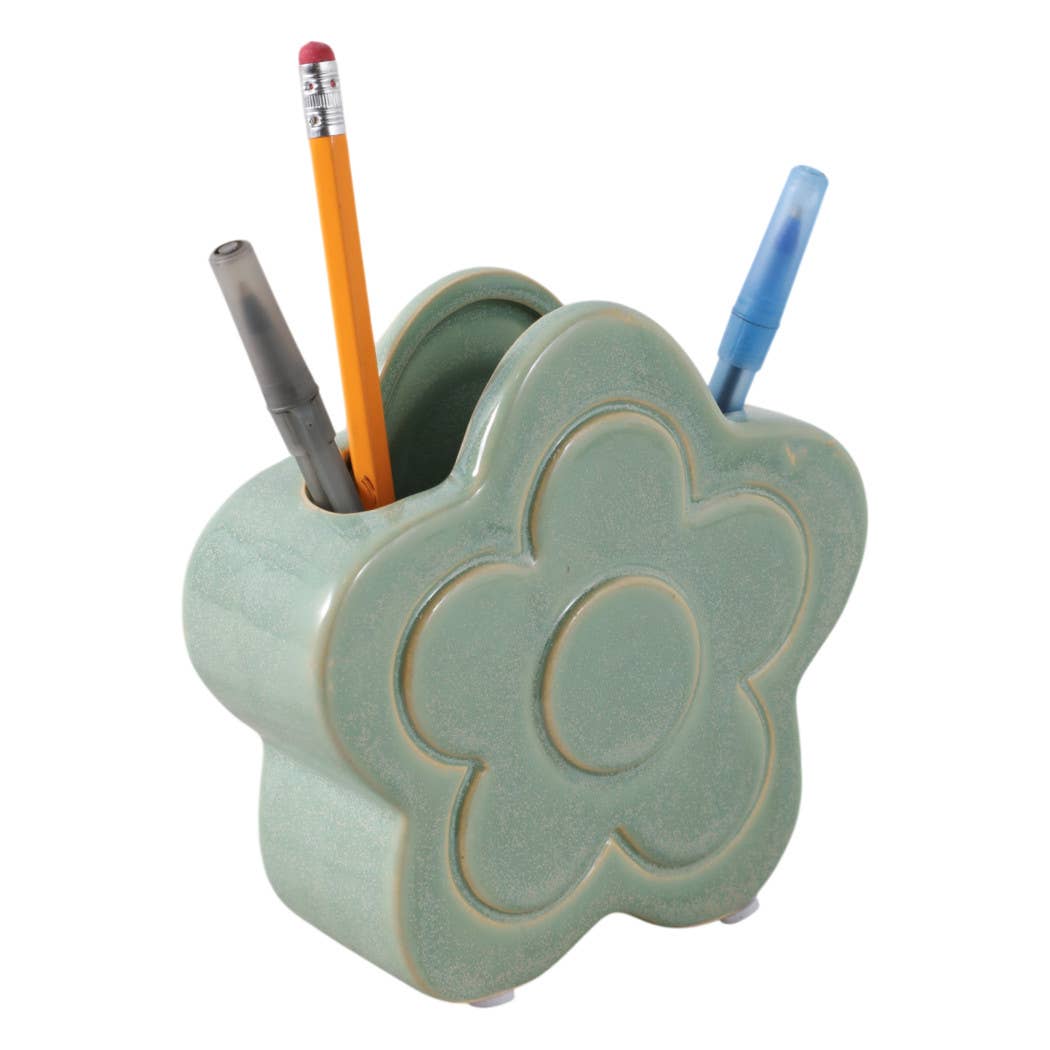 Green Ceramic Sculpted Flower Pencil Cup 6"