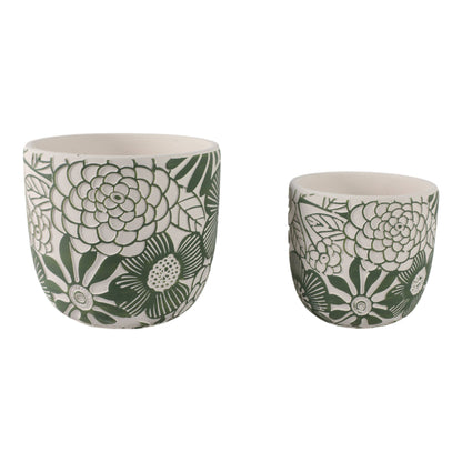 White & Green Ceramic Carved Floral Planters Two Sizes, 6"/8"