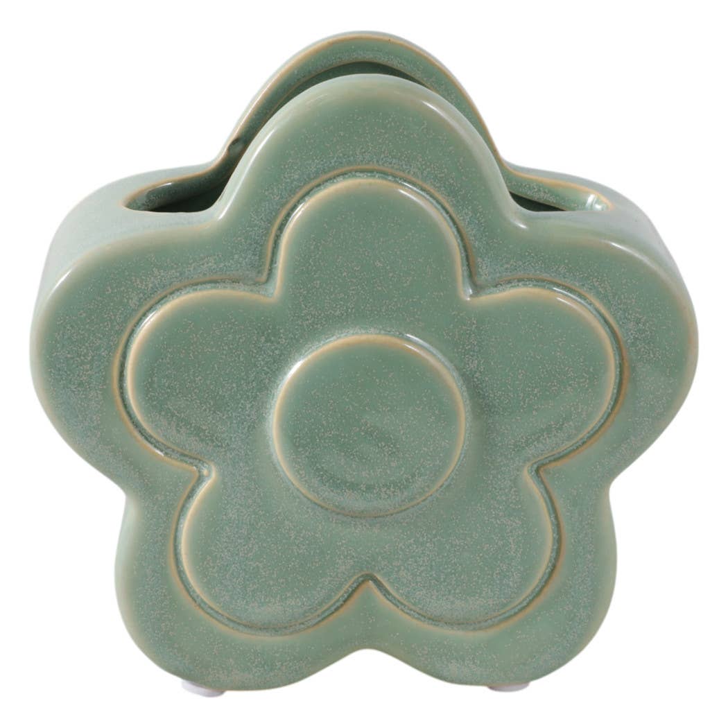 Green Ceramic Sculpted Flower Pencil Cup 6"