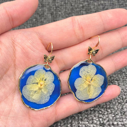 Pressed Dried Flowers Blue Tone Dangle Earrings - PDF