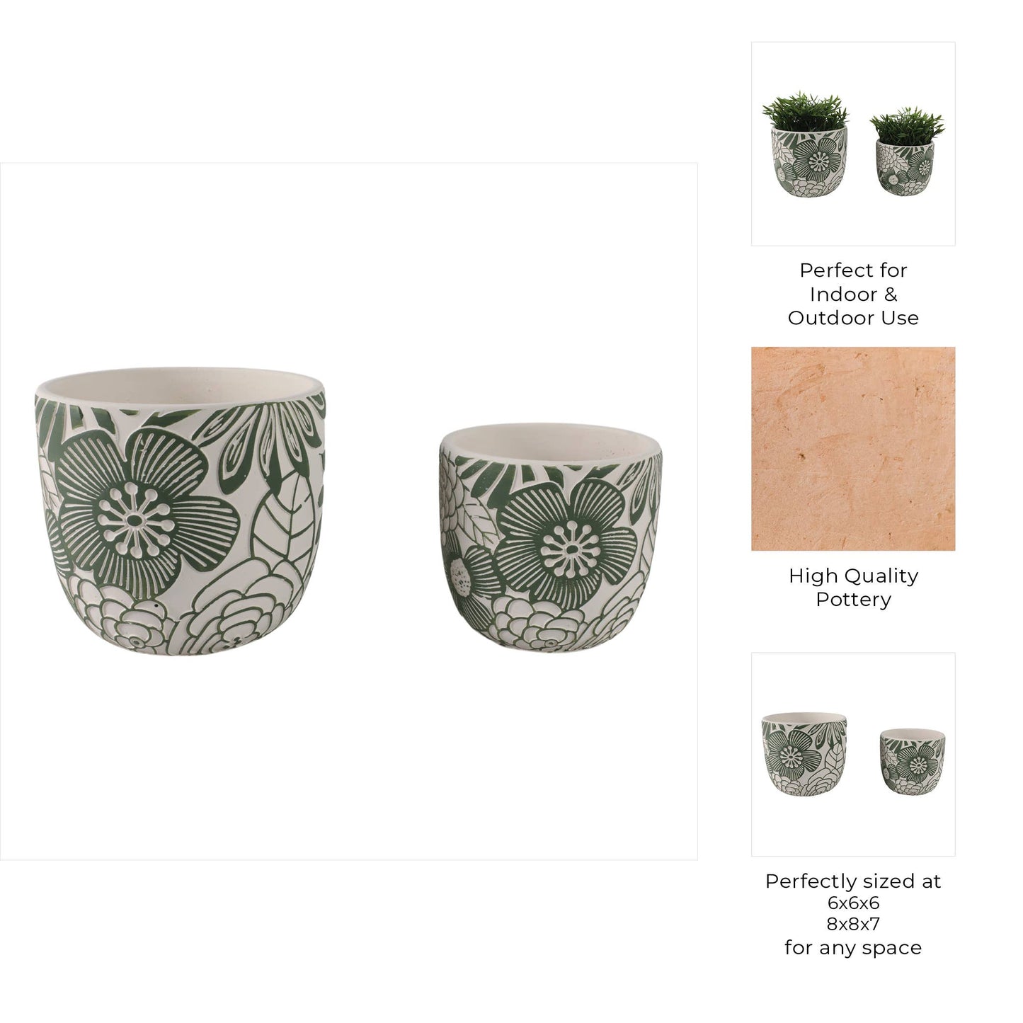 White & Green Ceramic Carved Floral Planters Two Sizes, 6"/8"