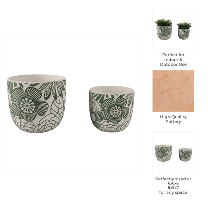 White & Green Ceramic Carved Floral Planters Two Sizes, 6"/8"