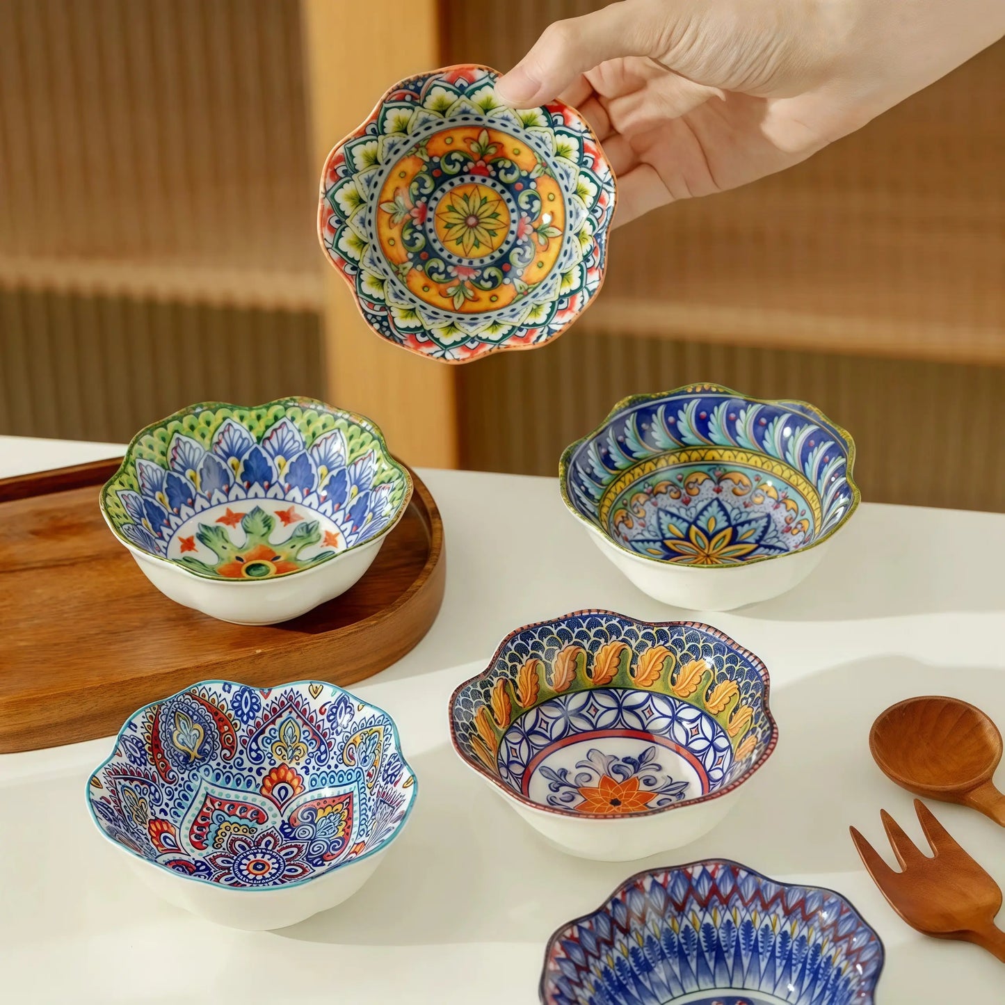 Moroccan Hexagon & Rose Ceramic Pinch Bowls (4-inch)