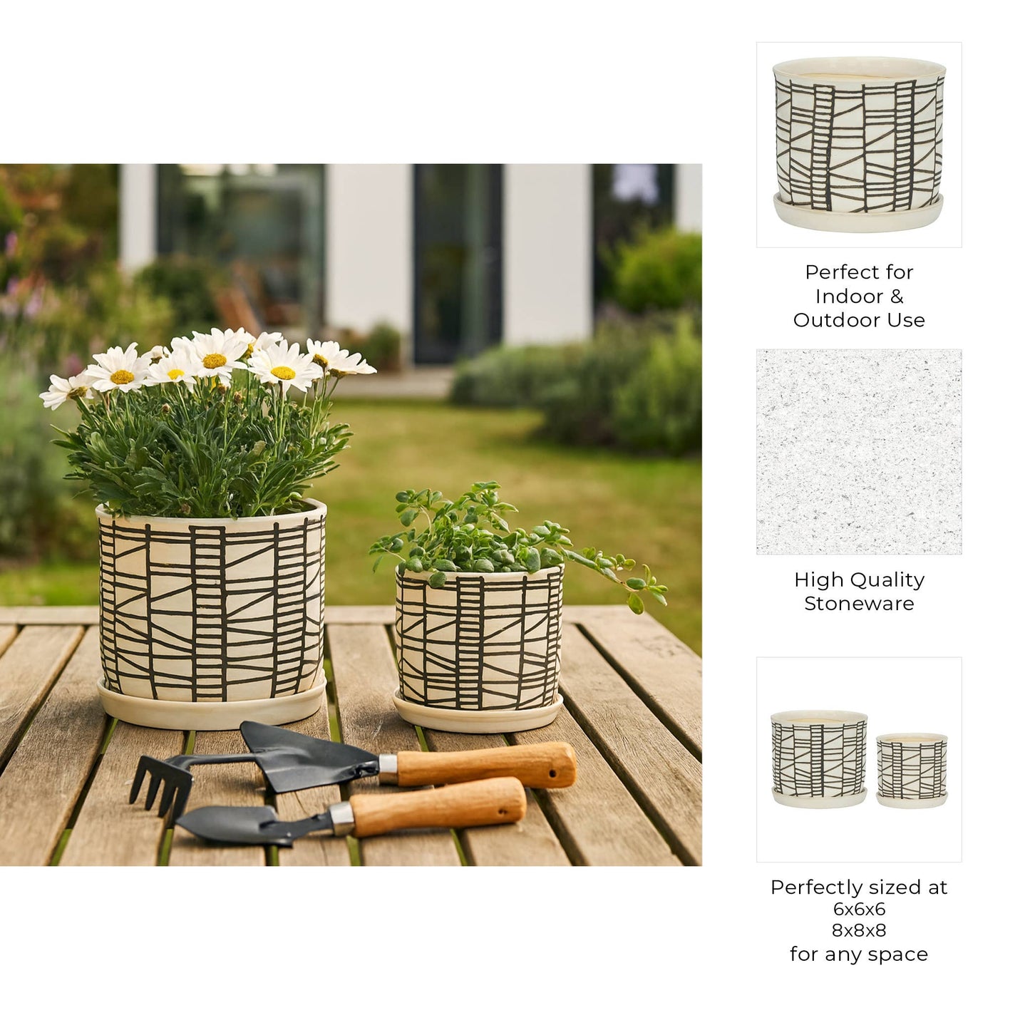 Beige Ceramic Geometric Planter & Saucer Two Sizes 6"/8"