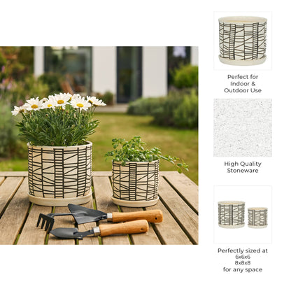 Beige Ceramic Geometric Planter & Saucer Two Sizes 6"/8"