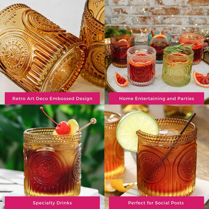 10 oz. Ribbed Retro Arch Floral Amber Drinking Glasses (Set