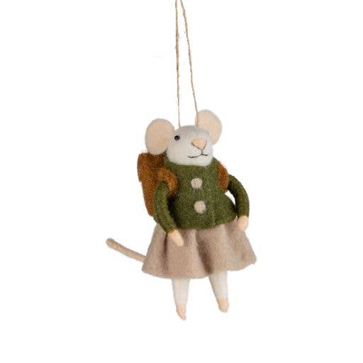 Felt hiker mice ornaments green & beige