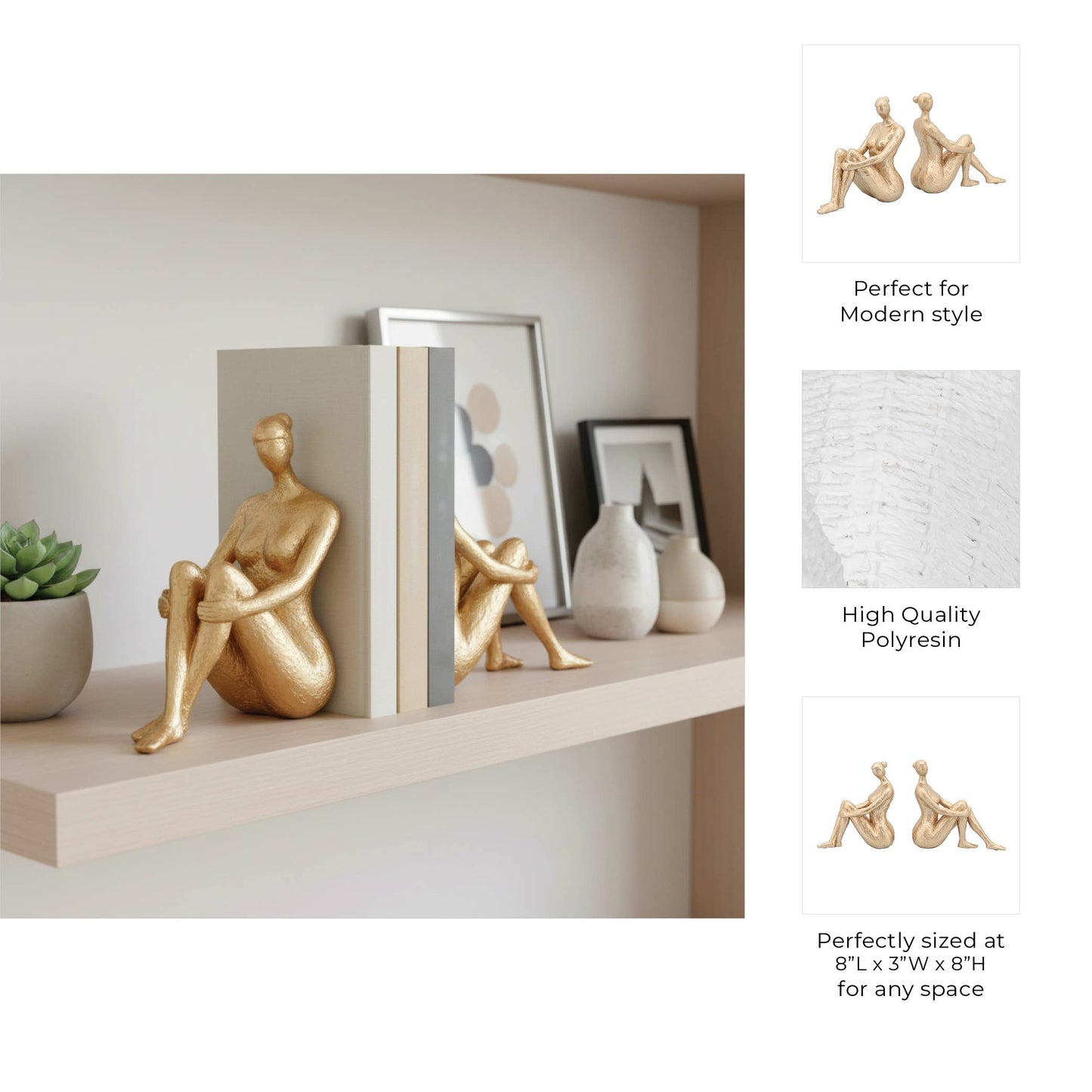 Gold Resin Modern Lady Pair Bookend 8"