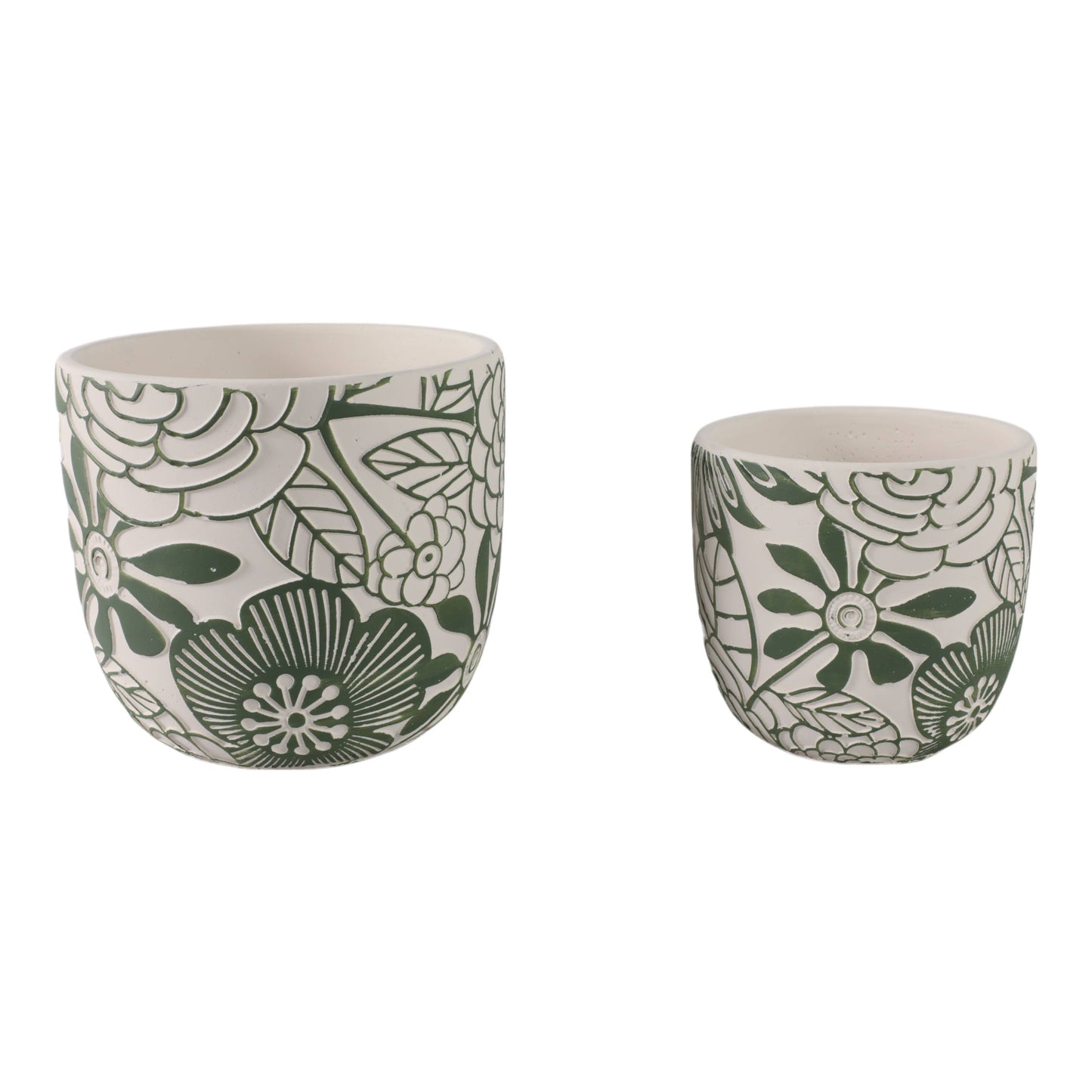 White & Green Ceramic Carved Floral Planters Two Sizes, 6"/8"