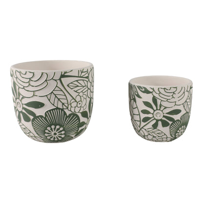 White & Green Ceramic Carved Floral Planters Two Sizes, 6"/8"