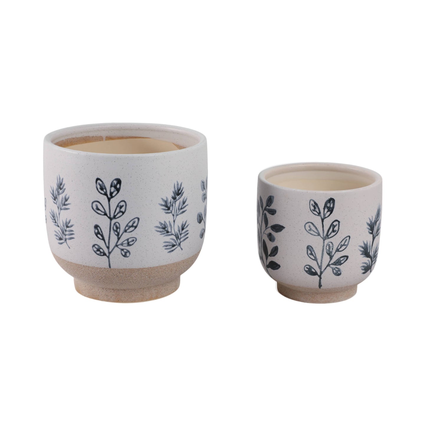 Plant Pots Blue & White Ceramic Painted Leaf Two Sizes 6"/8 "