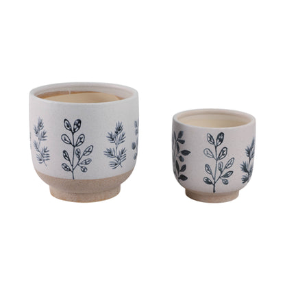 Plant Pots Blue & White Ceramic Painted Leaf Two Sizes 6"/8 "