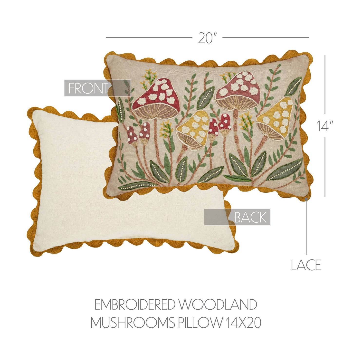 Embroidered Woodland Mushroom Lumbar Throw Pillow 14x20 Rustic Farmhouse Accent Home Decor