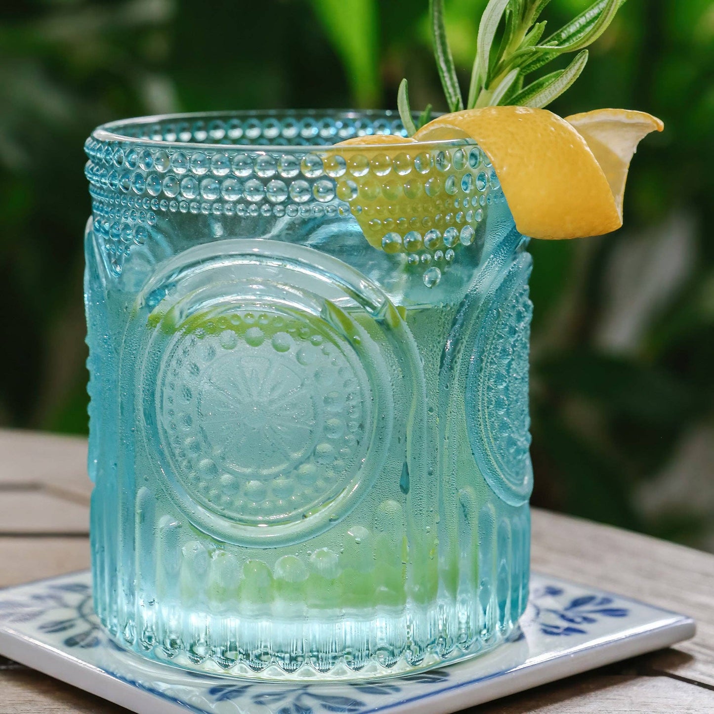 10 oz. Ribbed Retro Arch Floral Aqua Blue Glass