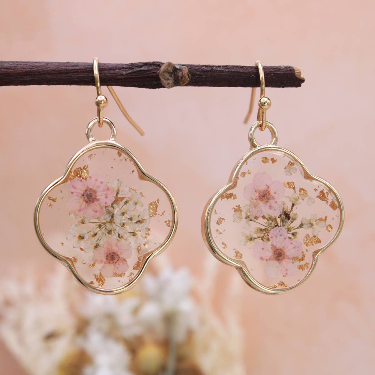 Pink Dried Flower Gold Clover Earrings