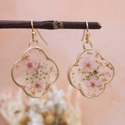 Pink Dried Flower Gold Clover Earrings