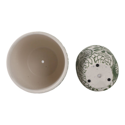 White & Green Ceramic Carved Floral Planters Two Sizes, 6"/8"