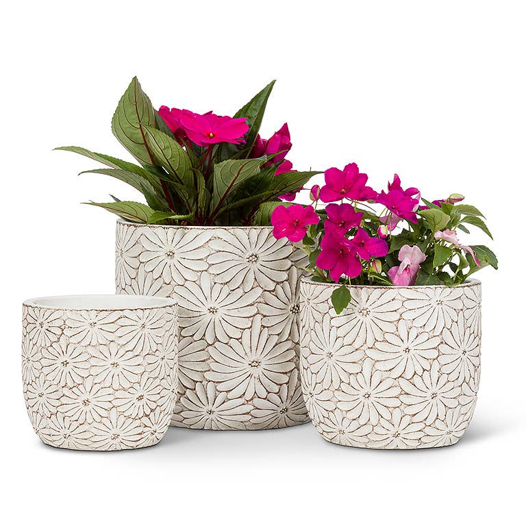 Lg Wht Daisy Round Planter-6"H-916