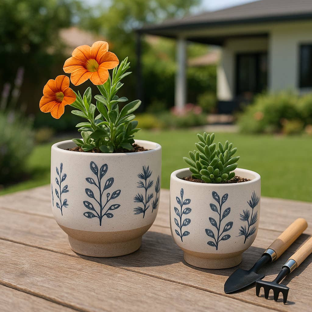 Plant Pots Blue & White Ceramic Painted Leaf Two Sizes 6"/8 "