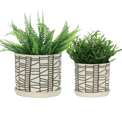 Beige Ceramic Geometric Planter & Saucer Two Sizes 6"/8"