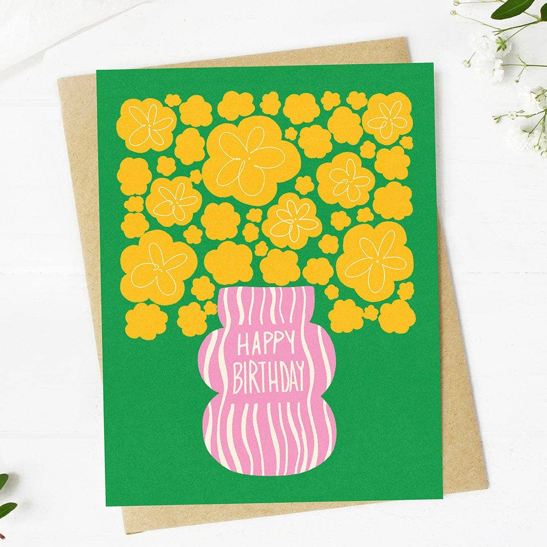 Happy Birthday Yellow Flowers Pink Vase Abstract Card