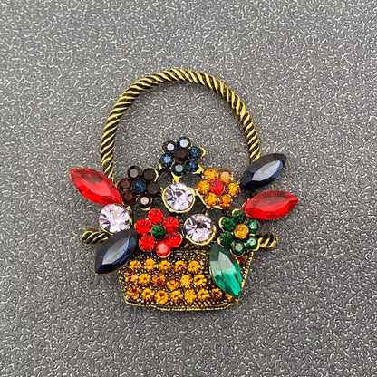 Vintage Colored Rhinestone Flower Basket Brooch