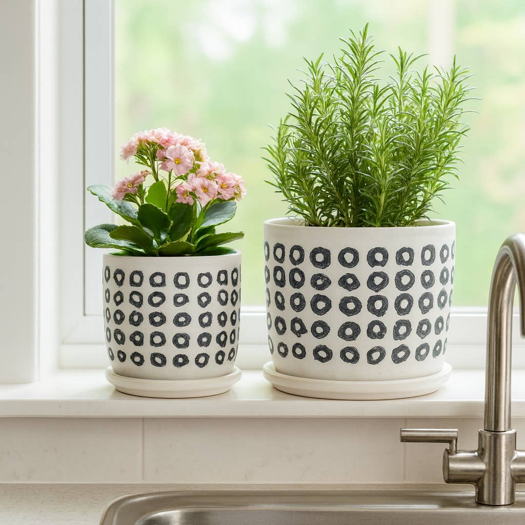 Black Ceramic Aztec Planters Two Sizes 5"/6".