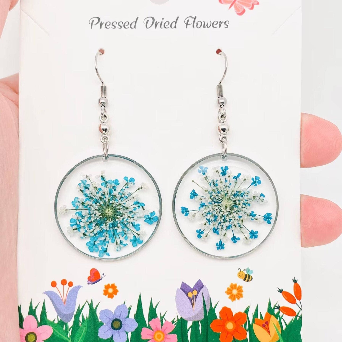 Queen Anne's Lace Round Pendant Dried Flowers Earrings