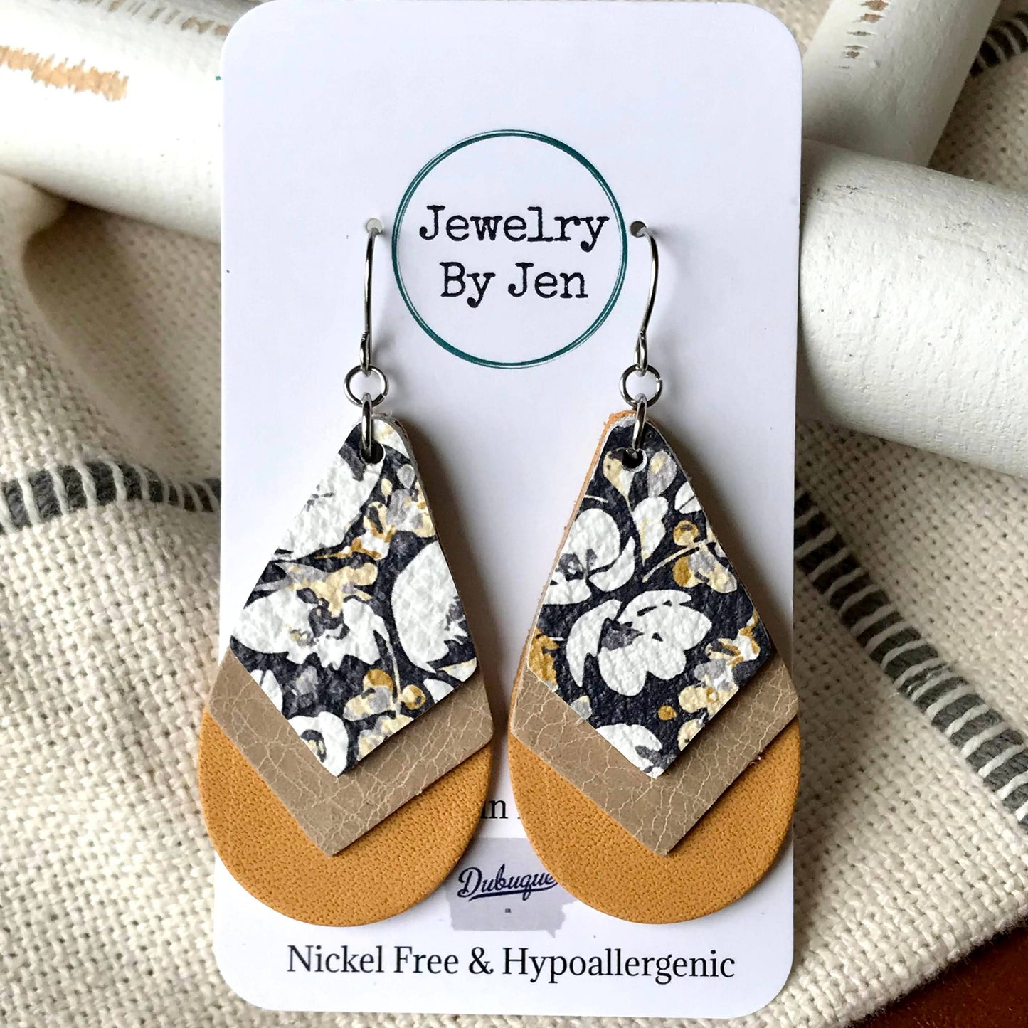 Triple Stacked Teardrop: Navy Floral, Tan & Mustard