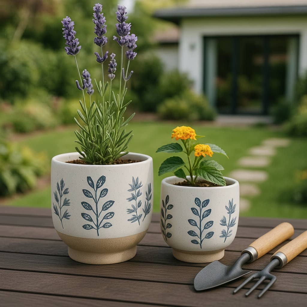 Plant Pots Blue & White Ceramic Painted Leaf Two Sizes 6"/8 "