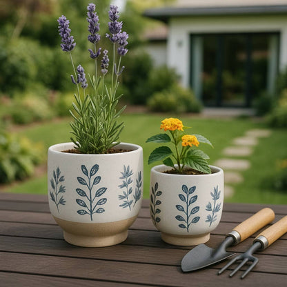 Plant Pots Blue & White Ceramic Painted Leaf Two Sizes 6"/8 "
