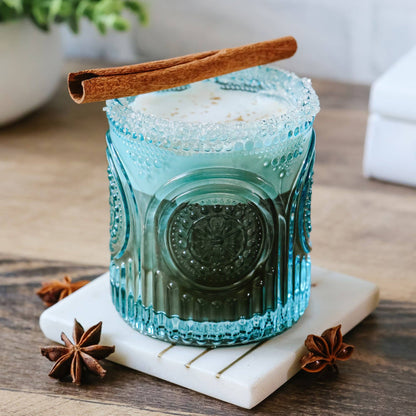 10 oz. Ribbed Retro Arch Floral Aqua Blue Glass
