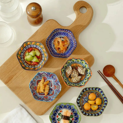 Moroccan Hexagon & Rose Ceramic Pinch Bowls (4-inch)