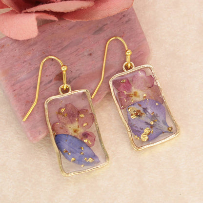 Purple Pink Dried Flower Rectangle Gold Earrings